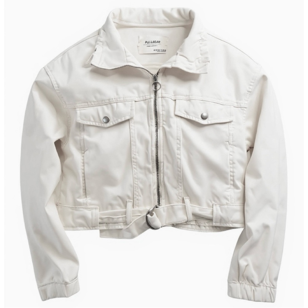 RARE Pull&Bear Cropped Jean Jacket in Off White with Adjustable Waist Tie Belt